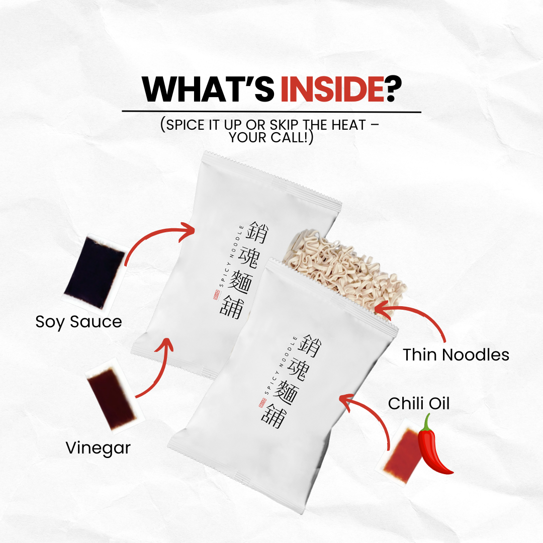 Ingredients and sauce pack of Master Spicy thin noodles